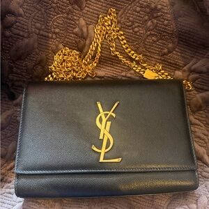 Saint Laurent Black Leather Crossbody with Gold YSL Chain